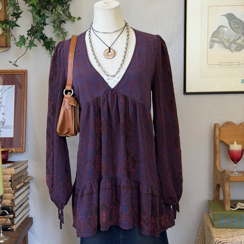 Free People Purple Geometric Rayon Tunic Ruffle Whimsygoth Boho S